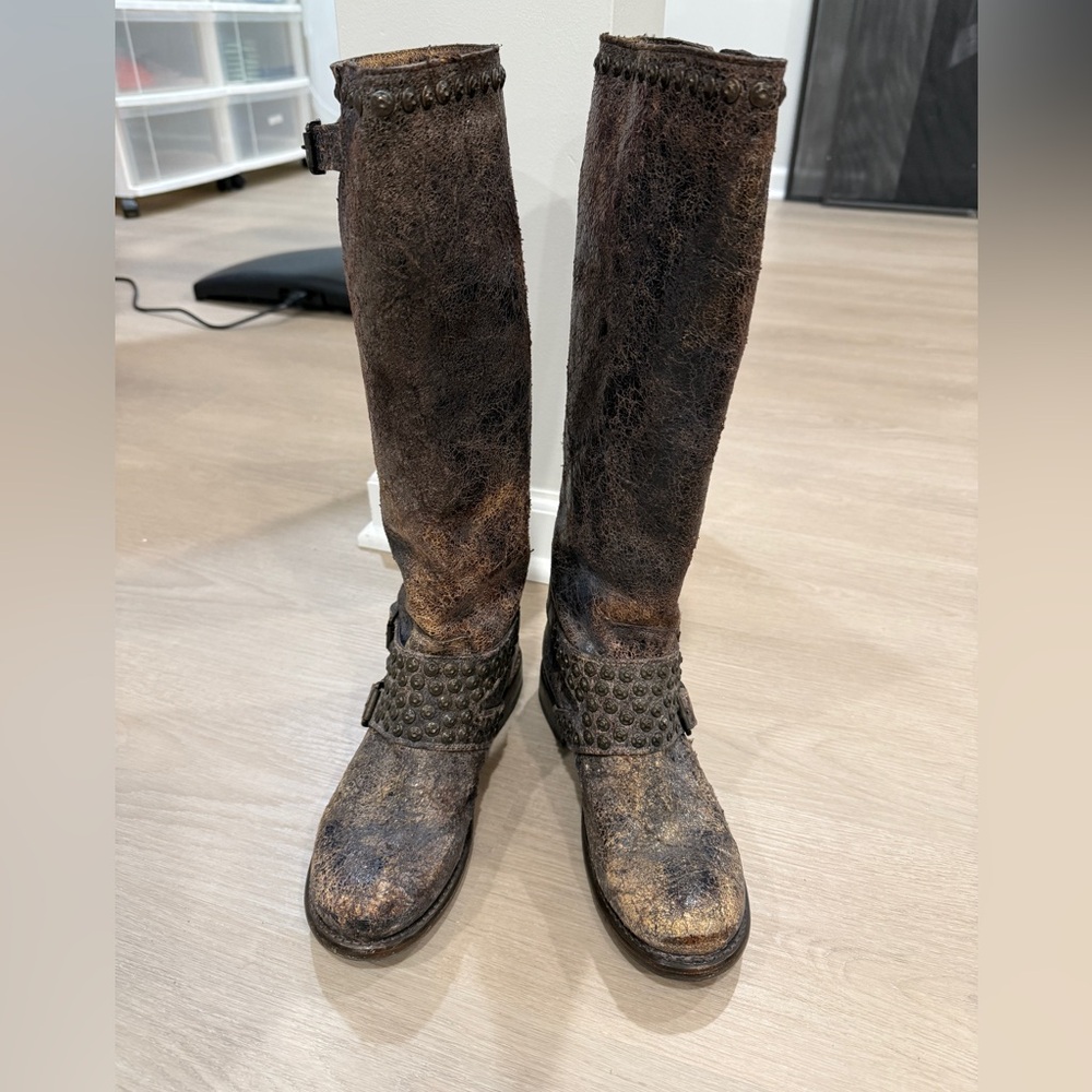 Like new. FRYE Jenna Tall Brown Studded Knee-High Boots distressed. Size 8.5